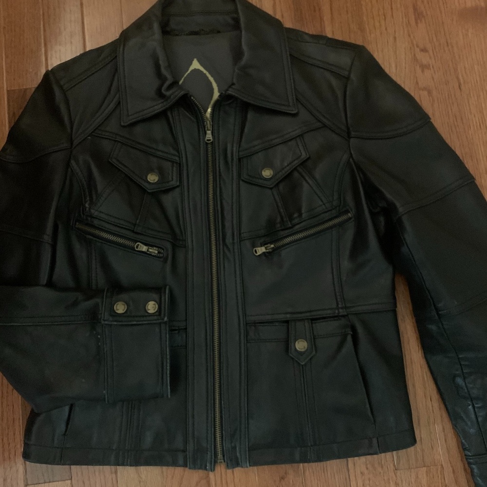 GUESS Genuine Blk Leather Moto Jacket Zip Closure